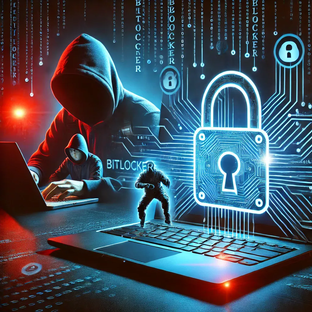 "Illustrazione di un attacco informatico a BitLocker, con un hacker che tenta di bypassare la crittografia su un laptop con un'icona di lucchetto bloccato."