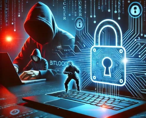 "Illustrazione di un attacco informatico a BitLocker, con un hacker che tenta di bypassare la crittografia su un laptop con un'icona di lucchetto bloccato."