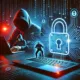 "Illustrazione di un attacco informatico a BitLocker, con un hacker che tenta di bypassare la crittografia su un laptop con un'icona di lucchetto bloccato."